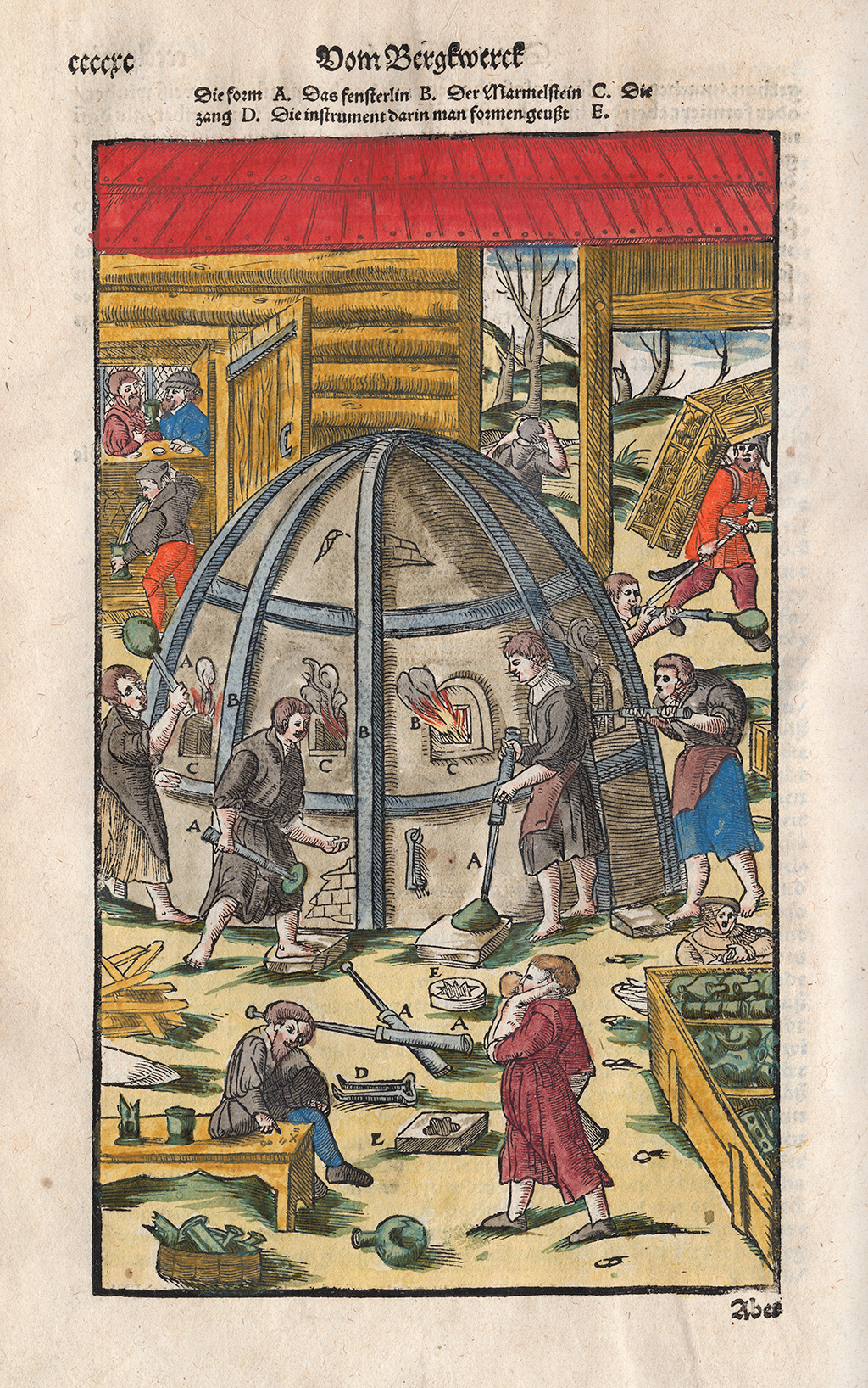 FIG. 39. Glass furnace, with workers. Georg Agricola (German, 1494–1555). In De re metallica [Berckwerck Buch, Frankfurt-am-Main, 1580, p. cccxc]. Rakow Research Library, The Corning Museum of Glass (66820). Photo: The Corning Museum of Glass.