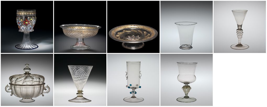 Nine vessels showing color variation of earlier glass